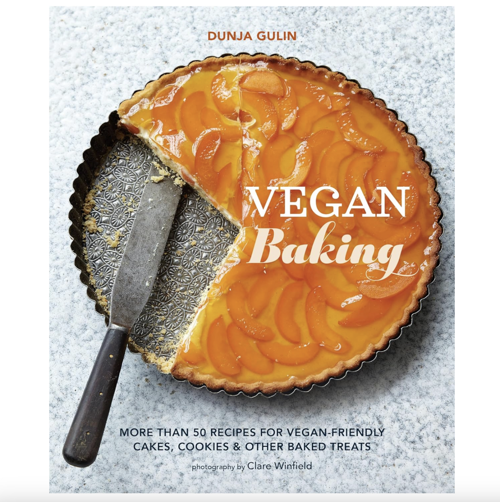 Cover for Vegan Baking with a picture of a peach tart. 