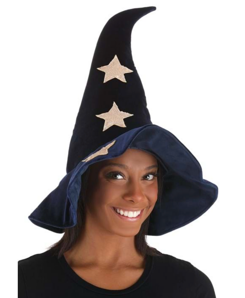 Velevet Stars Witch Hat being worn by a young lady. 