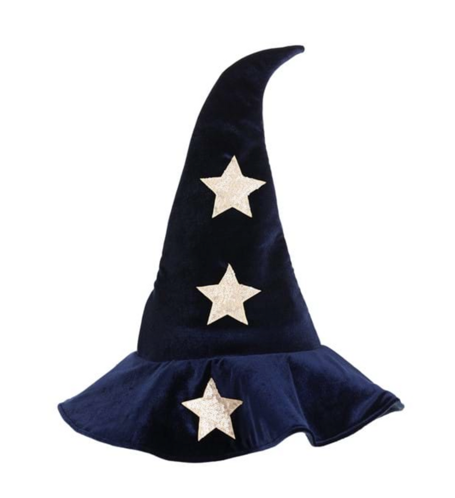 Dark blue velvet witch hat with gold sequin stars. 