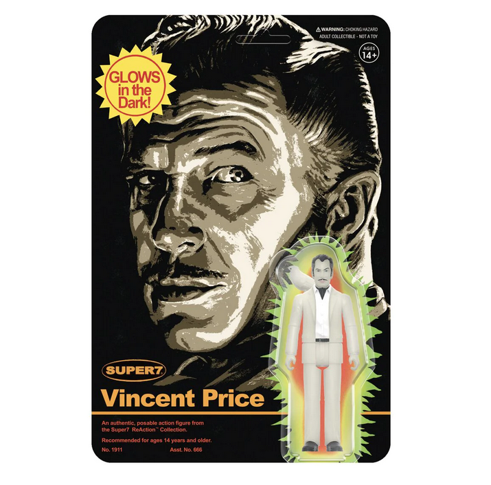Vincent Price action figure in clear plastic on backing card with illustration of Vincent Price in black and white.