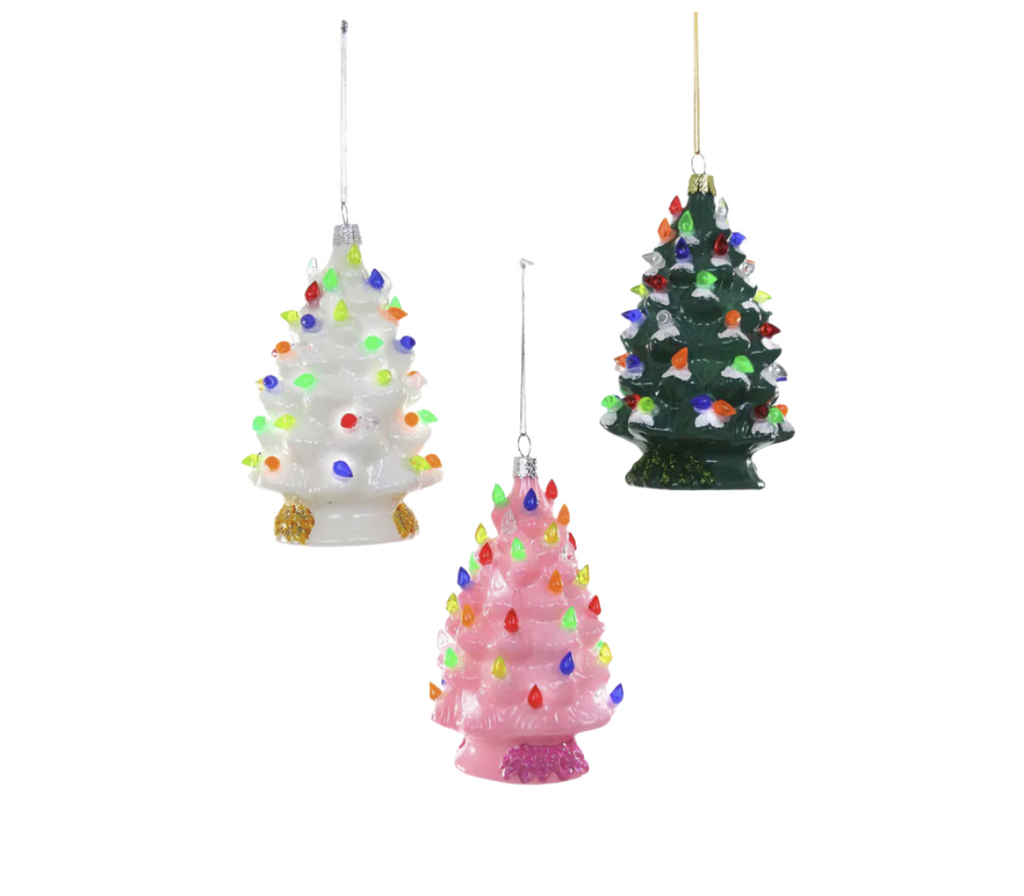 Vintage christmas tree amp glass ornament in white, green, or pink with multi colored lights.