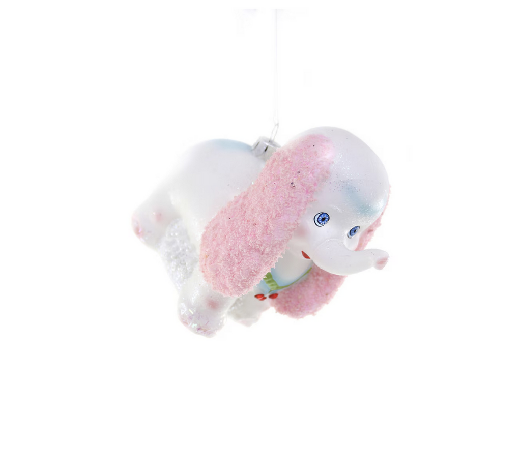 Vintage white and pink elephant toy inspired glass ornament.