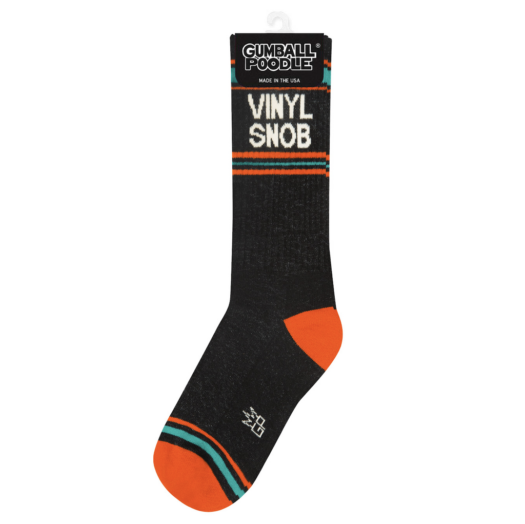 Pair of black crew socks with orange and turquoise that read "Vinyl Snob" 