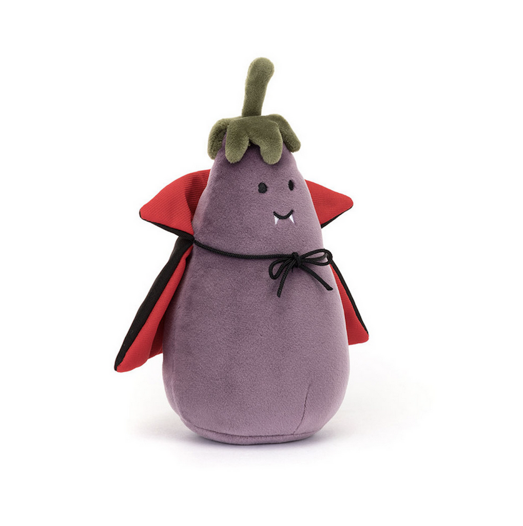 Jellycat Vivacious Eggplant stuffed animal with fangs and wearing a Dracula cape. 