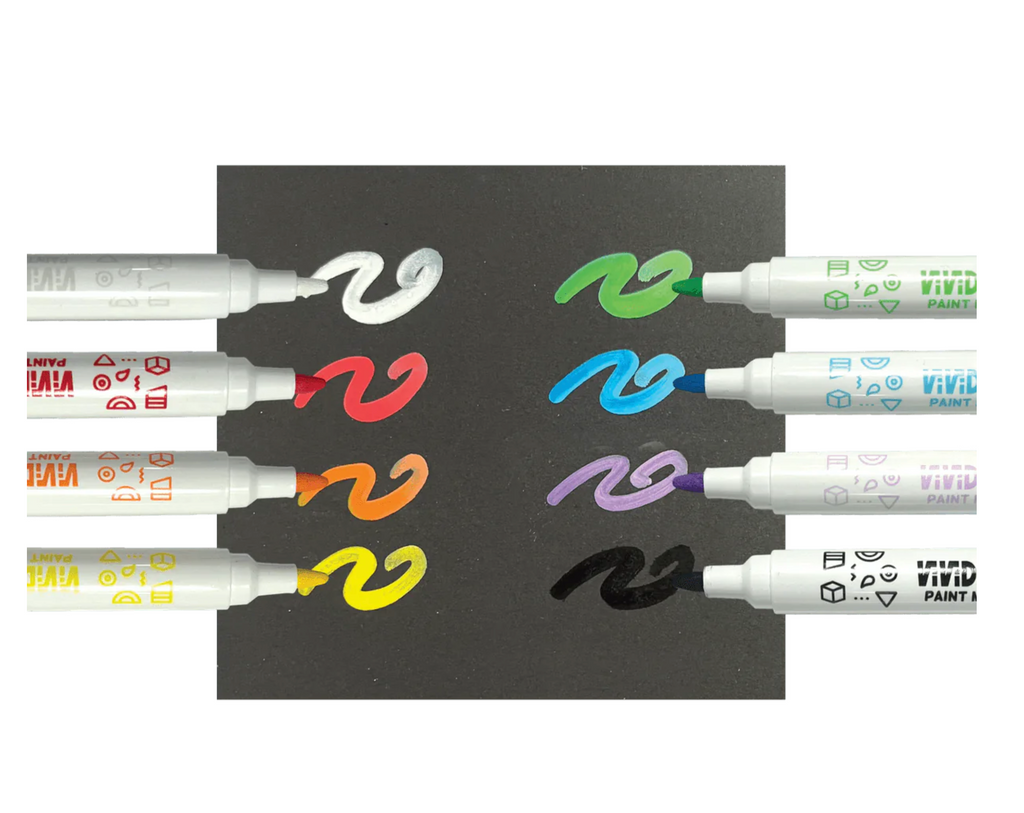 Vivid Pop Water Based Paint Markers open with caps off and color swatches.