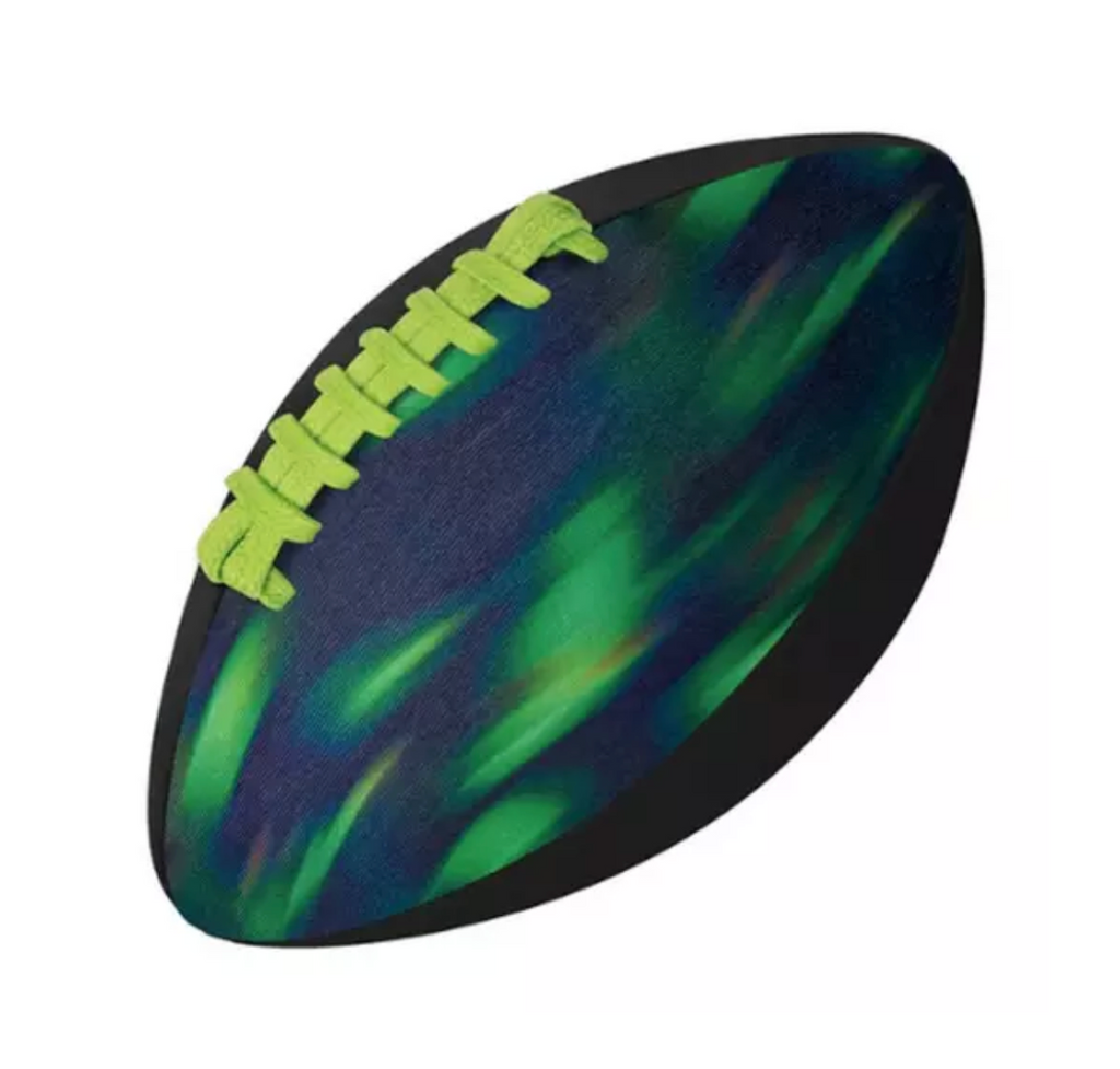 Waboba six inch beach football in black and green swirl design. 