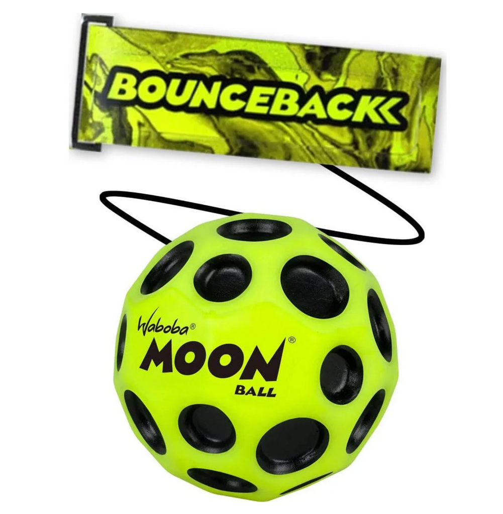 Bright yellow Waboba Bounceback Moon Ball on a white background.