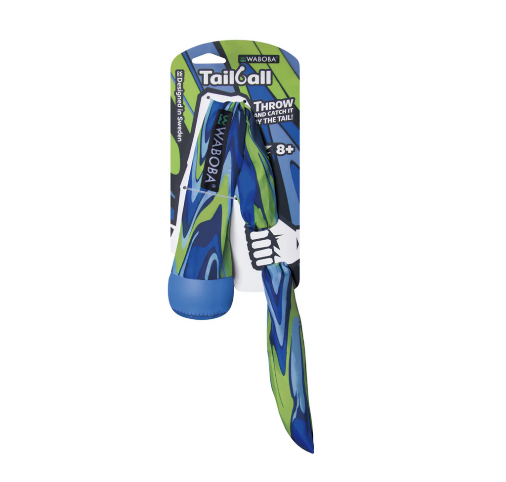 Waboba Tailball in a green and blue color design packaged on a hang card. 
