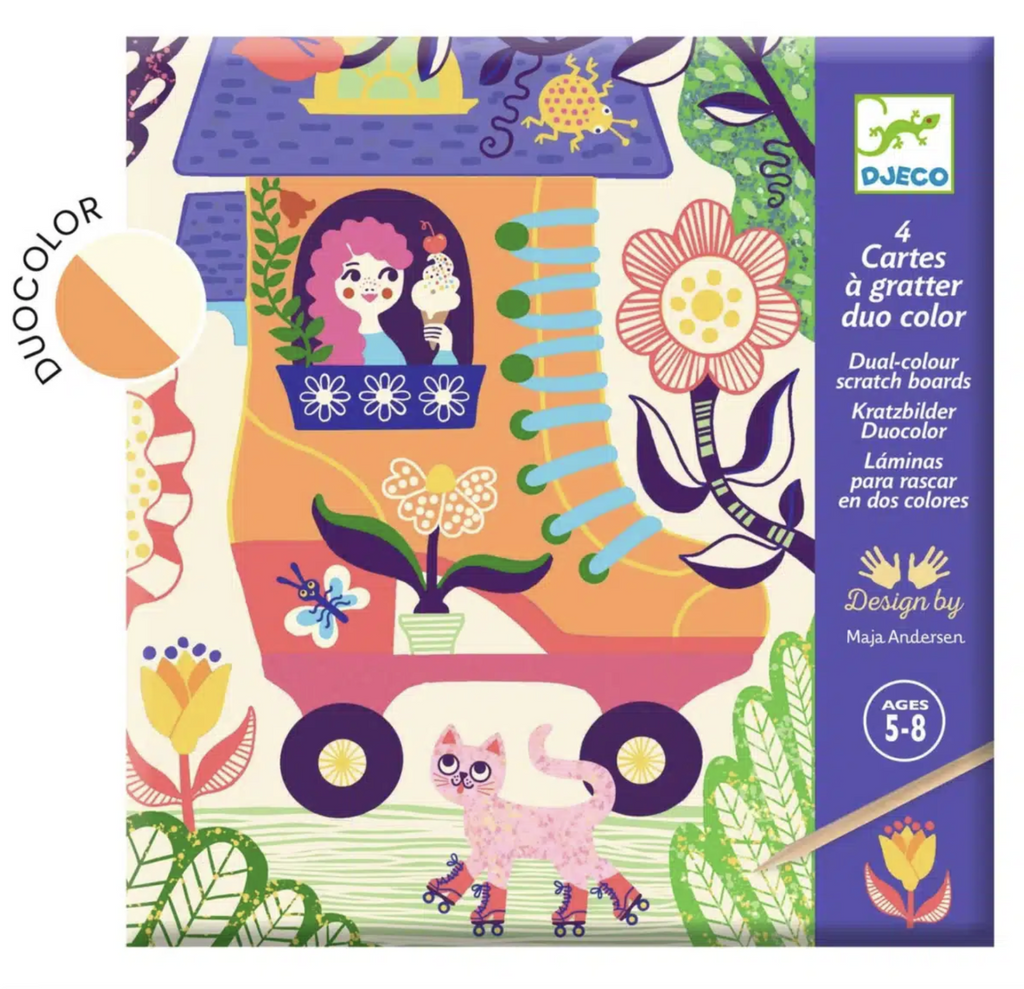 Illustrated package with image of a roller skate house with flowers and cats on skates. 