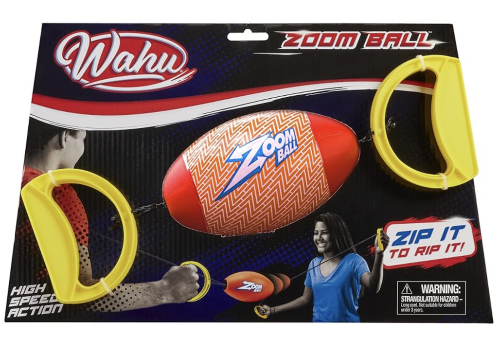 Red and orange Zoom Ball with yellow handles packaged in a box. 