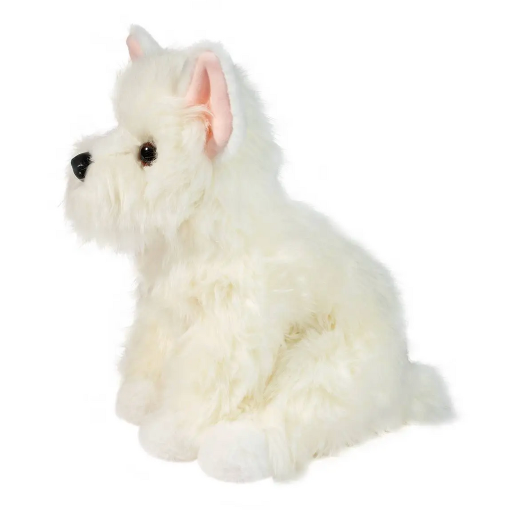 Walt the white Westie plush dog in a seated position and viewed from the side. 