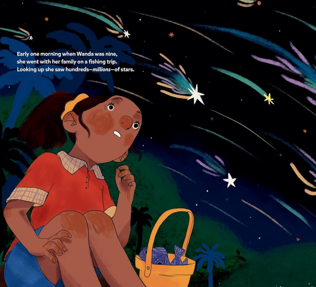 Interior page from "Wanda Hears the Stars" where the main character Wanda sees a meteor shower for the first time at 9, which inspired her to become an astrologer, despite losing her sight in college. 