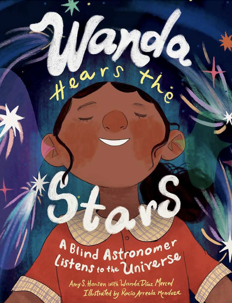 Illustrated cover of "Wanda Hears the Stars" with the main character under a sky swirling with bright stars and meteors. 