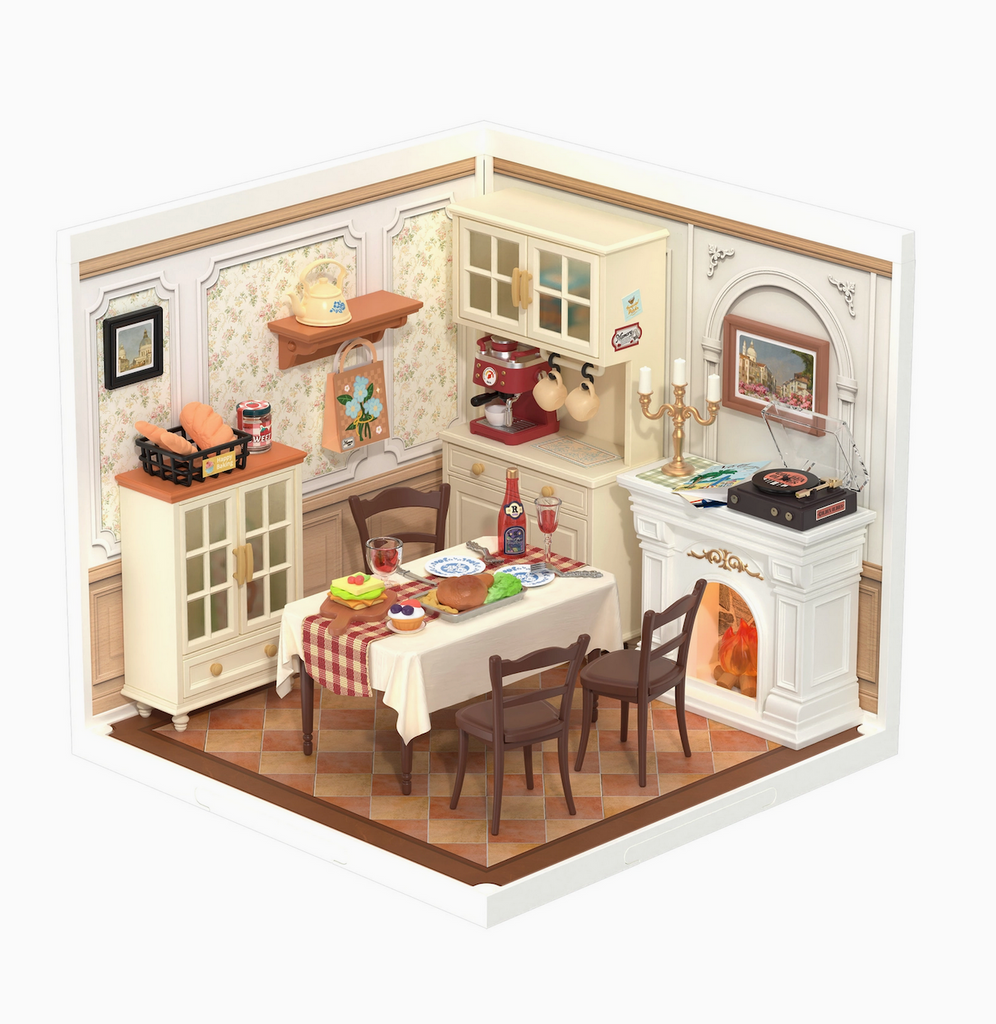 Close up view of the Warm Dining Room Miniature House Kit fully assembled with all of the included miniature dishes, food and furniture. 