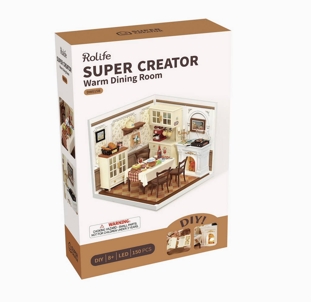 Super Creator box with a color picture of the Warm Dining Room DIY miniature model kit. 