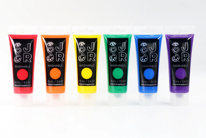 6 super-washable, bright finger paints in easy to squirt tubes. Red, Orange, Yellow, Green, Blue and Purple. 