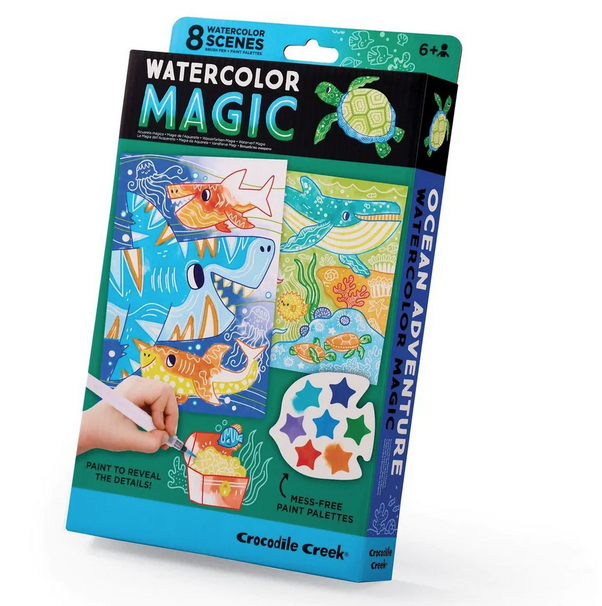 Blue box with images of the included sheets from the Ocean Adventure Watercolor Magic set.
