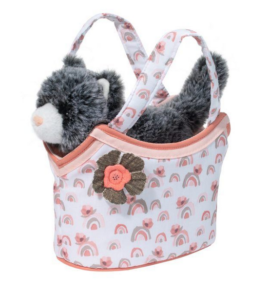 Plush grey kitty in a sassy sak with peach colored rainbows and flowers printed on the sides. 