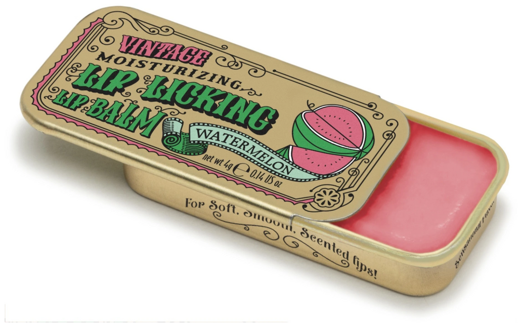Watermelon flavored Lip Licking Lip Balm in a retro metal slider tin.