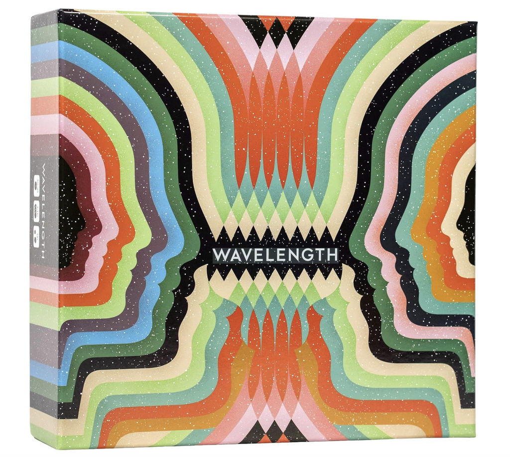Box cover of Wavelength the game, with a colorful ripple artwork. 