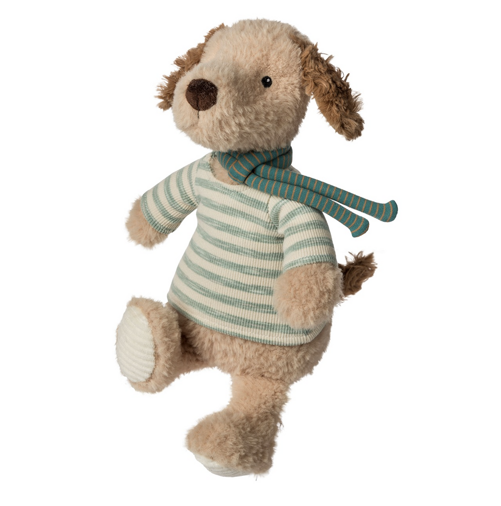 Weston Tails stuffed animal in a standing position wearing a beige and green striped shirt and green and brown striped scarf. with floppy brown ears and tail. 