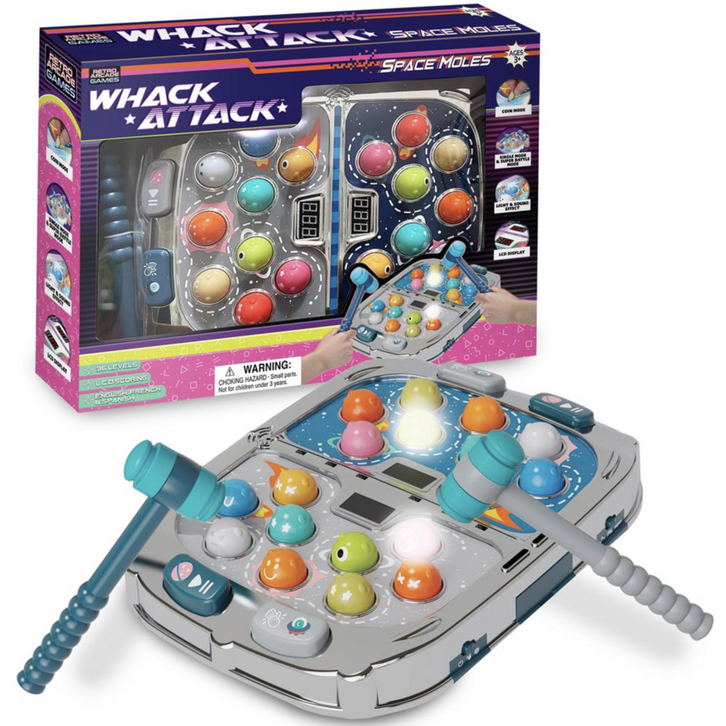 Whack Attack Space Moles game in package and being played in front of the box.