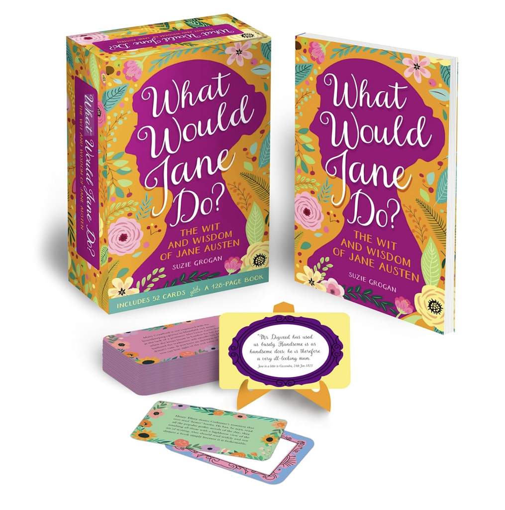 The "What Would Jane Do?" book and inspirational card deck set. Contained in a yellow and pink floral printed box with a dark pink silhouette of Jane Austen. The booklet and back of the cards have the same floral print and the cards have  quotations from her Regency writings to give daily inspiration. 