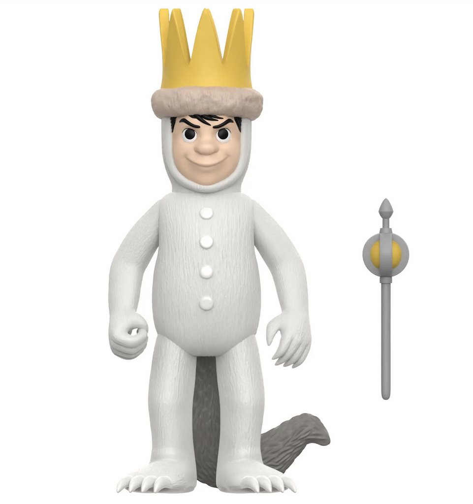 Max from Where the Wild Things Are dressed in his iconic white wolf suit and crown with his royal staff. 