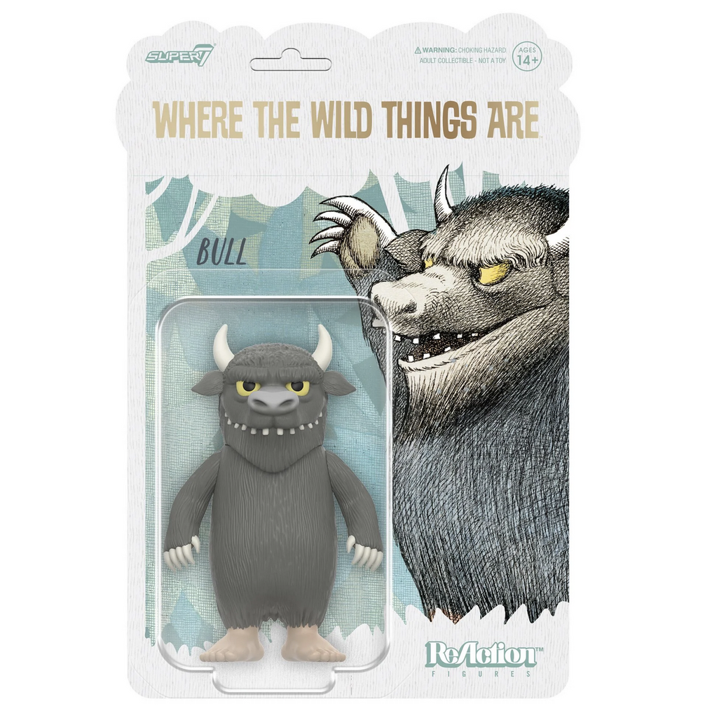 Where The Wild Things Are Bull figure packaged on a backing card with an illustration from the beloved story written by Maurice Sendak. 
