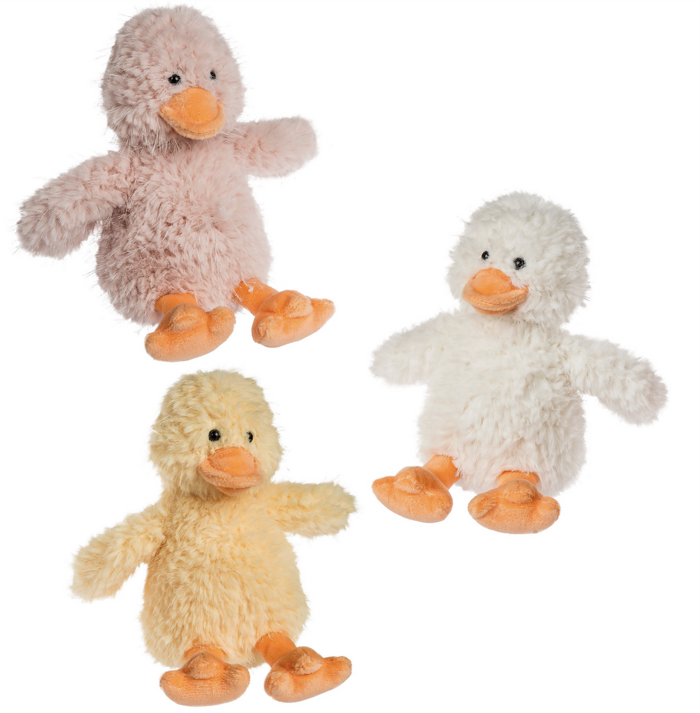 Assortment of three plush ducks with fluffy fur and orange beaks and webbed feet. colors include pink, white and yellow. 