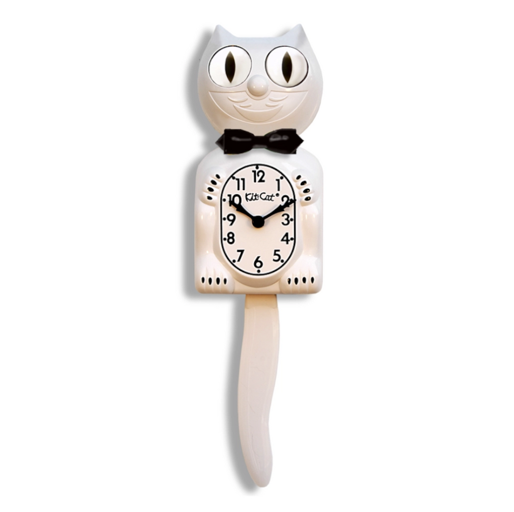 Classic retro Kit Cat clock in white with black bow tie, and numbers. Complete with rolling eyes and wagging tail this is a limited edition color of the famous Kitty clock. 