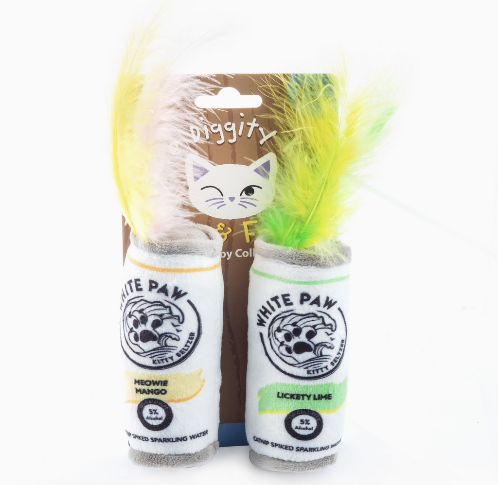 Set of catnip toys shaped like white claw cans with feathers at the top. Meowie Mango and Lickety Lime are the flavors. 