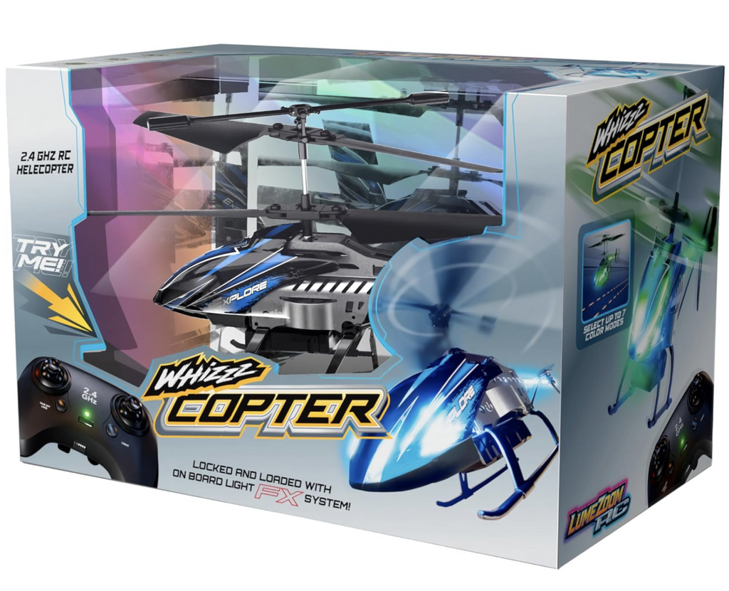 The Whizz Copter RC Helicopter packaged in a box with a clear window that shows the helicopter and remote controller. 