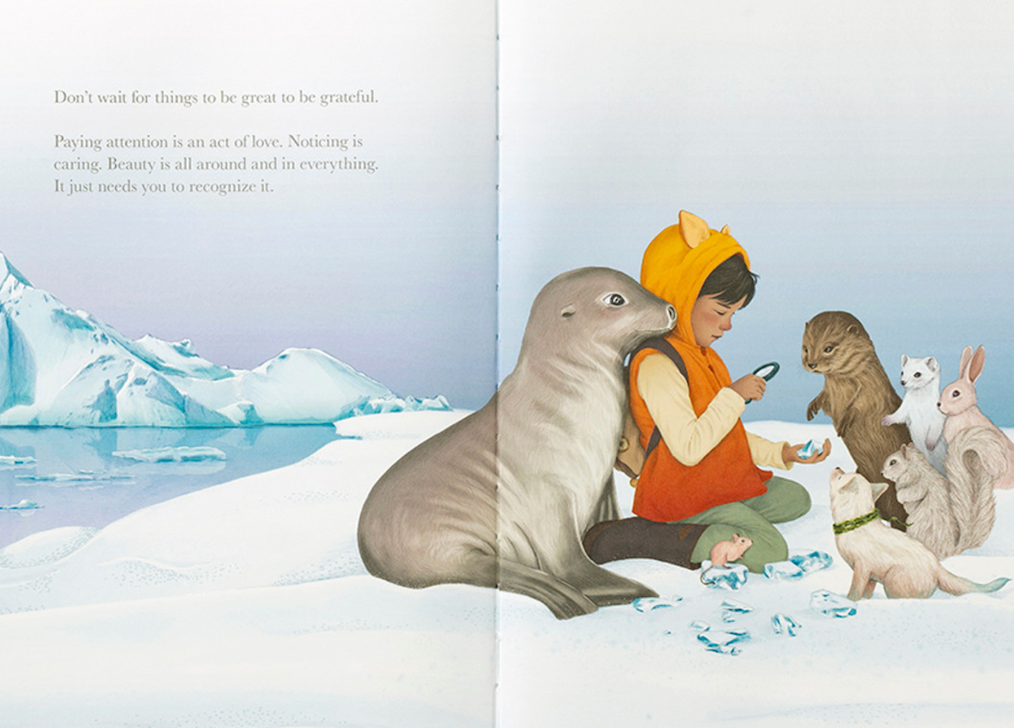Interior pages from "Why Not?" with an illustration of the main character with animal friends. 