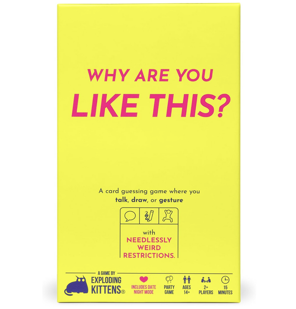 Yellow box with the title of the game "Why Are You Like This" written in pink letters with brief instructions on how to play the game at the bottom. 