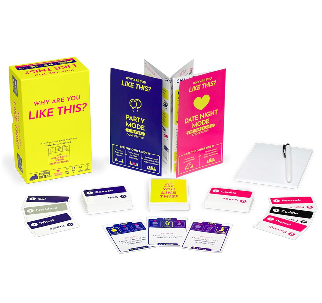 Why Are You Like This game set up for game play with subject cards, action cards and "twist" cards. The instruction booklet with variations of game play is also pictured. 