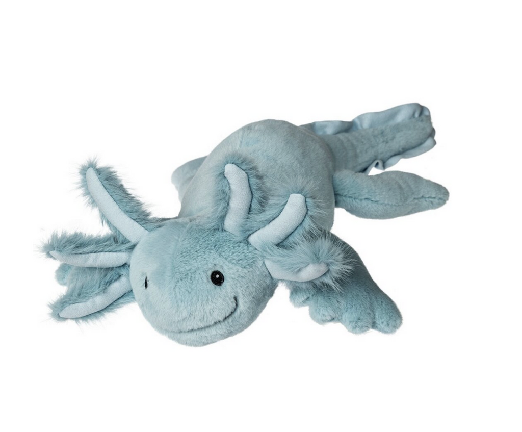 Floppy blue, plush axolotl laying on it's bean filled belly. 