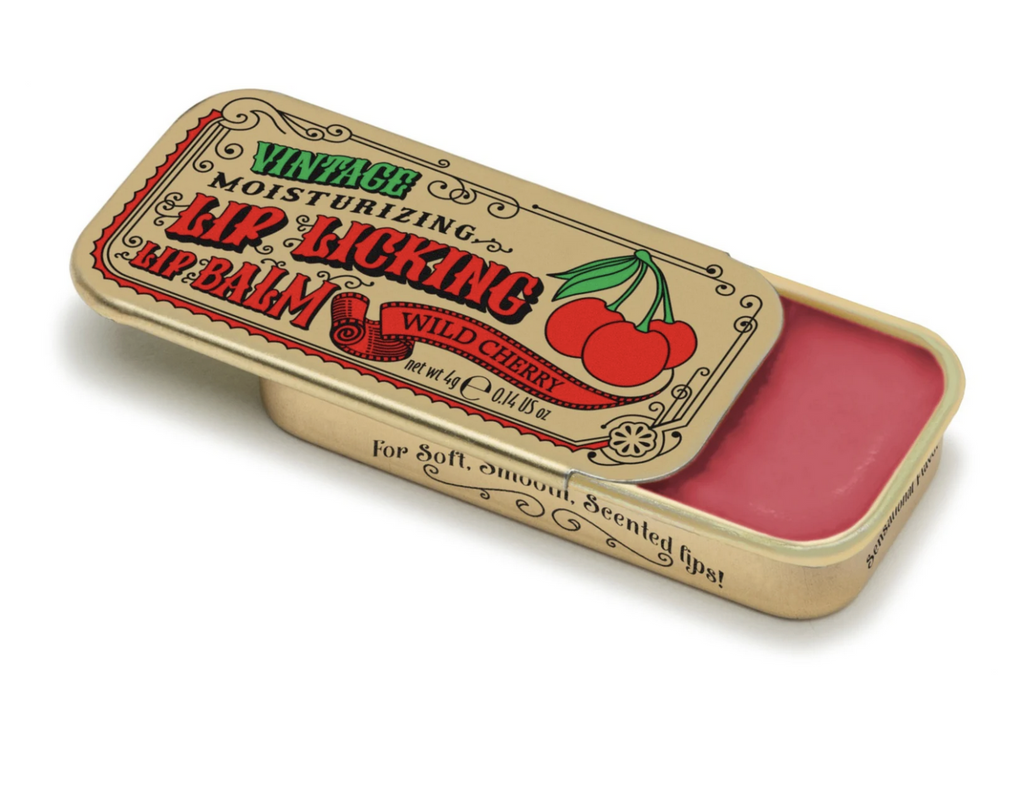 Wild Cherry flavored Lip Licking Lip Balm in a retro metal slider tin.