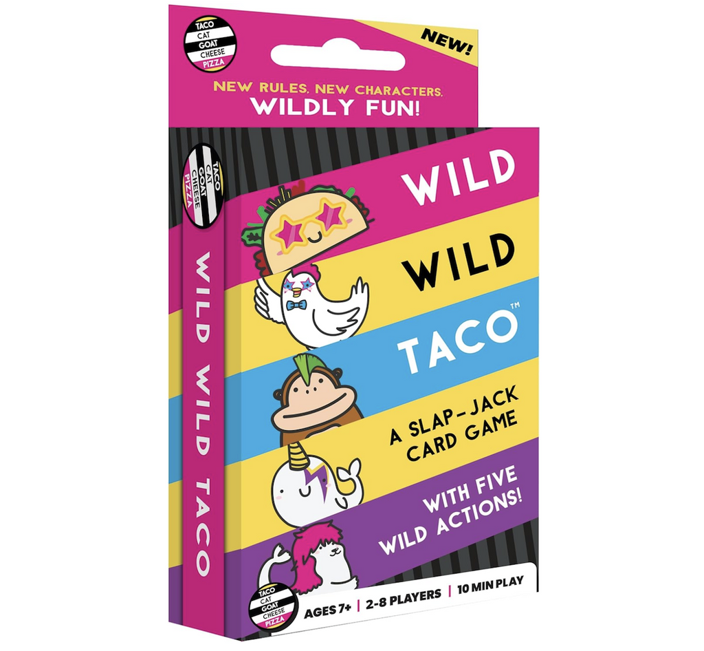 Box containing Wild, Wild, Taco card game with graphics from cards within the deck. 