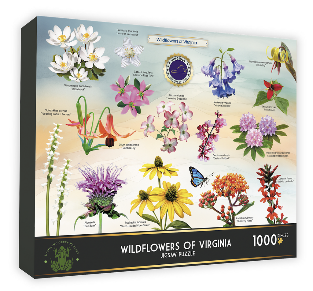 Illustrated cover of the box for Wildflowers of Virginia 1000 Piece Puzzle that shows what the assembled puzzle looks like. It features numerous wildflowers native to the state of Virginia. 