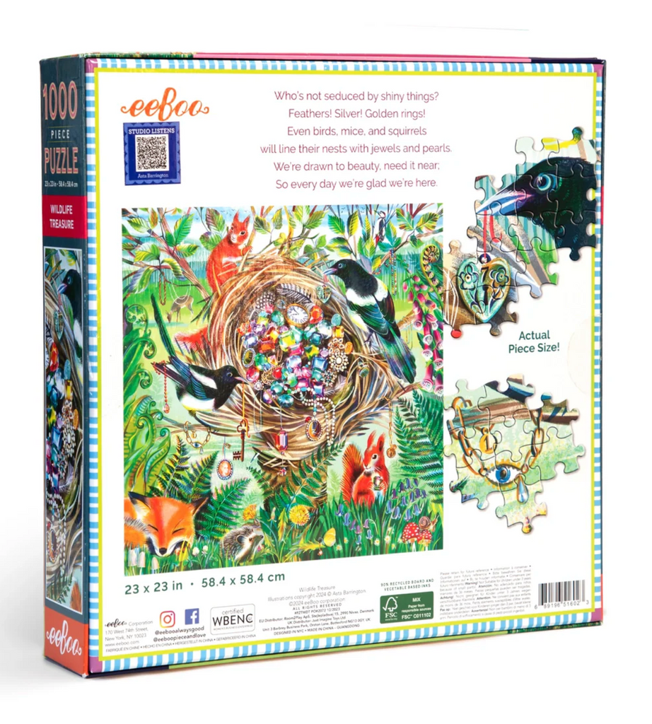 Back of the box for Wildlife Treasures 1000 Piece puzzle with images of actual puzzle piece size as well as close ups of details in the puzzle.
