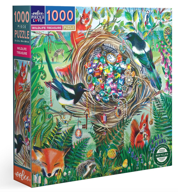 Box cover for Wildlife Treasures 1000 Piece Puzzle with the image of the completed puzzle of birds with all manner of treasure in their nest. 