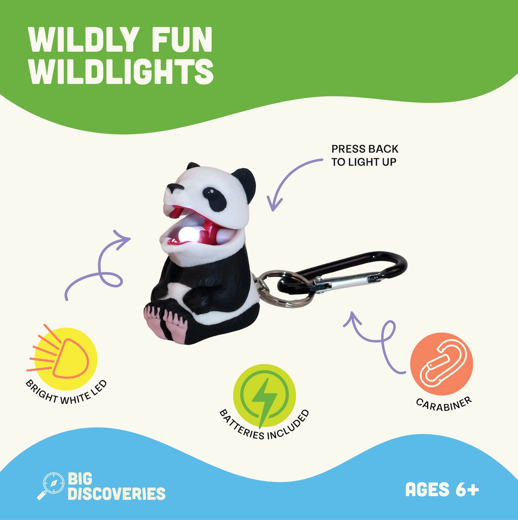 The Wildlights Panda Bear flashlight with it's mouth opened and showing the bright LED that lights up when its back is pressed. An information card telling about the fact the batteries are included and the Panda is attached to a carabiner. 