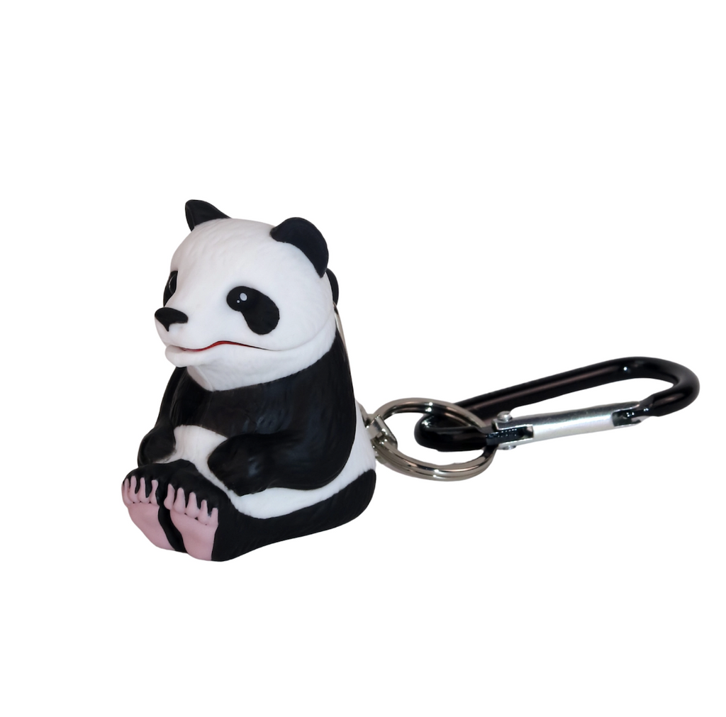 Black and white Panda bear figure attached to a carabiner that is also a flashlight. 