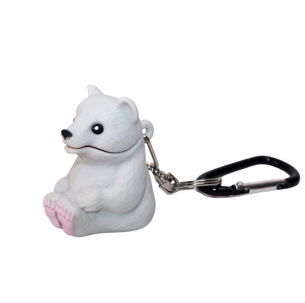 Seated Polar Bear figure attached to a carabiner, whose mouth opens and shines a light. 