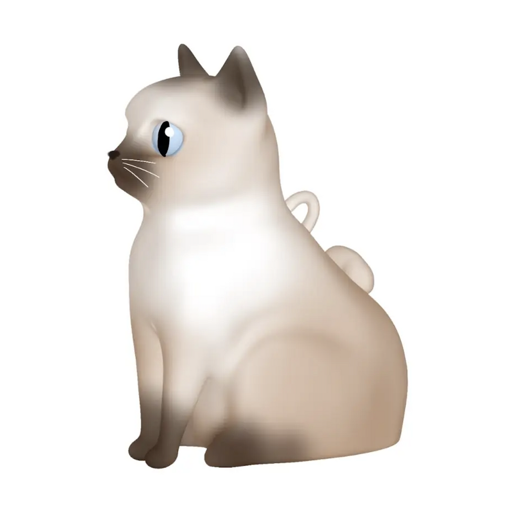 Wildlights Siamese cat figure in a seated position attached to a carabiner that shines a bright LED light from it's mouth. 