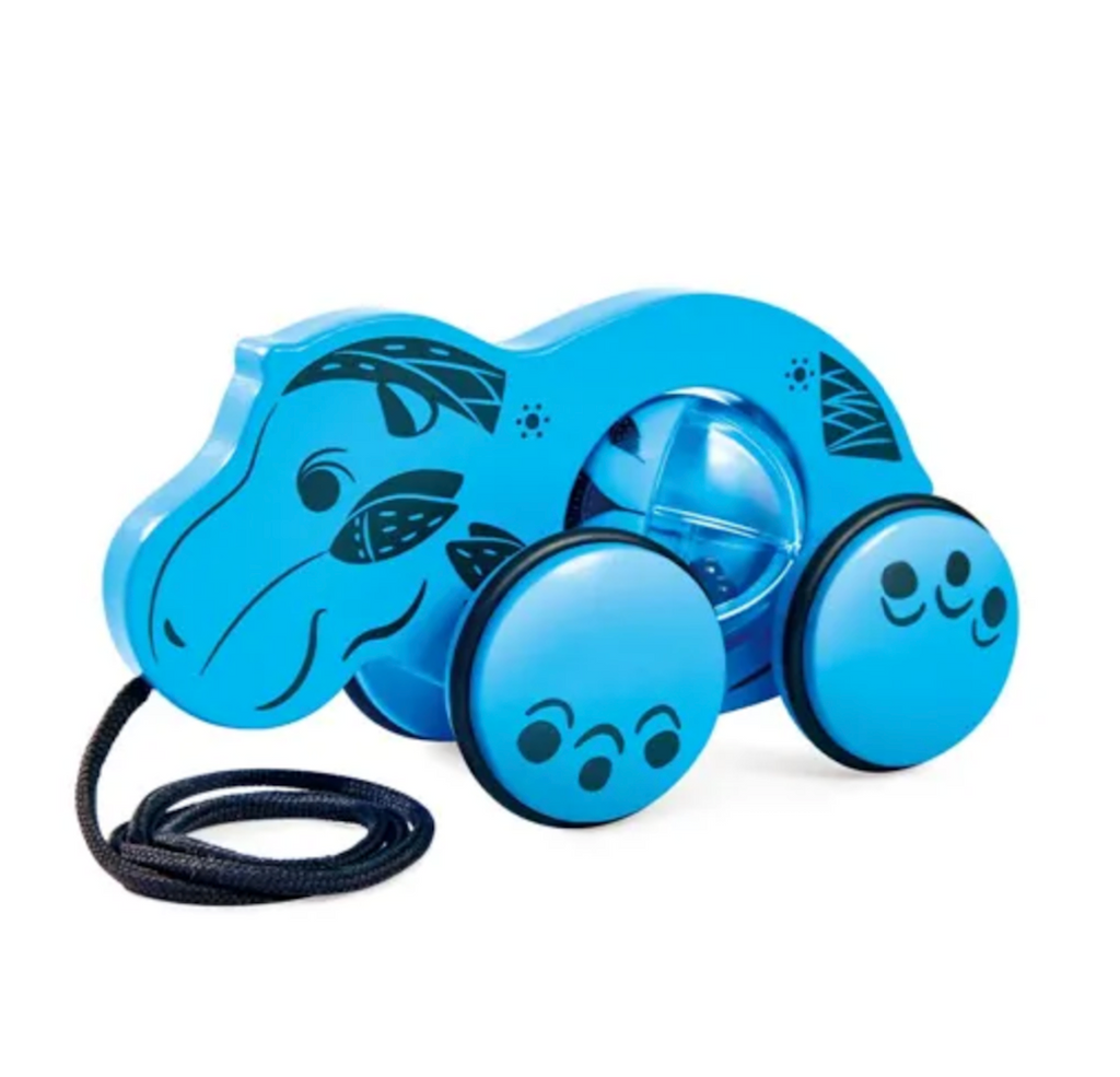 Blue Hippo wooden pull toy with intricate decorations painted on,  inspired by The Met museum blue hippo statuette. Floor safe wheels and sturdy cord will make this a cherished toy for its functionality as well as it's beauty. 