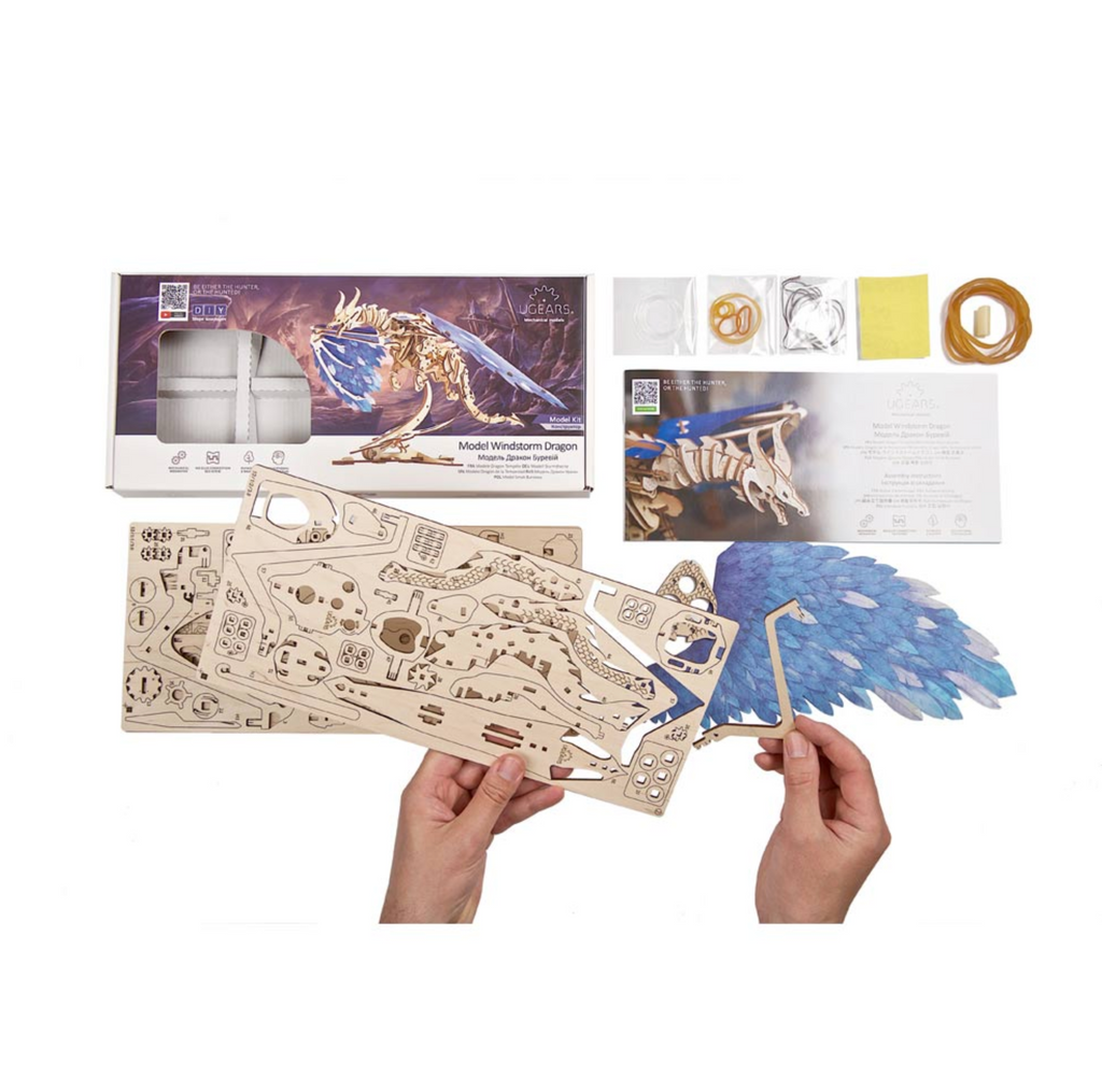 All included items in the Windstorm Dragon wooden model kit.