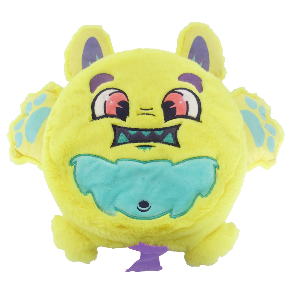 Round, scented plush whoopee cushion with yellow fur with purple and green accents. 