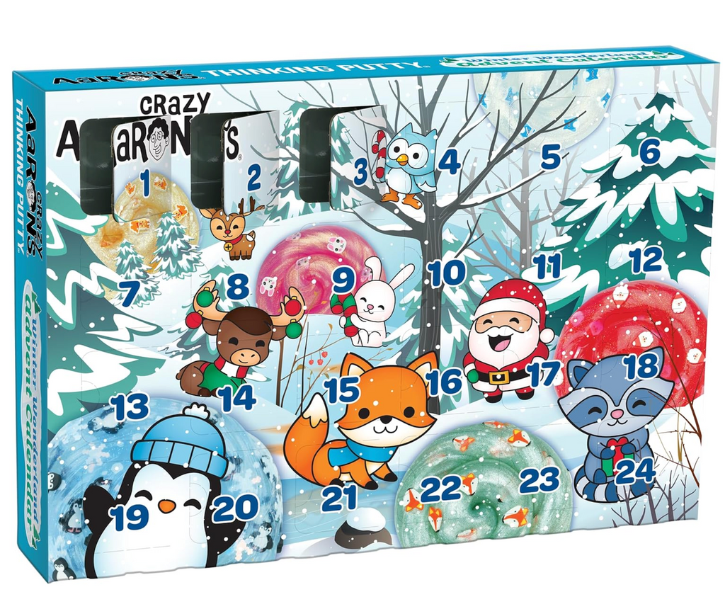 Advent calendar with cartoon characters on a snowy scene, with numbered windows to open for 24 days leading up to Christmas, featuring the brand 'Crazy Aaron's'.